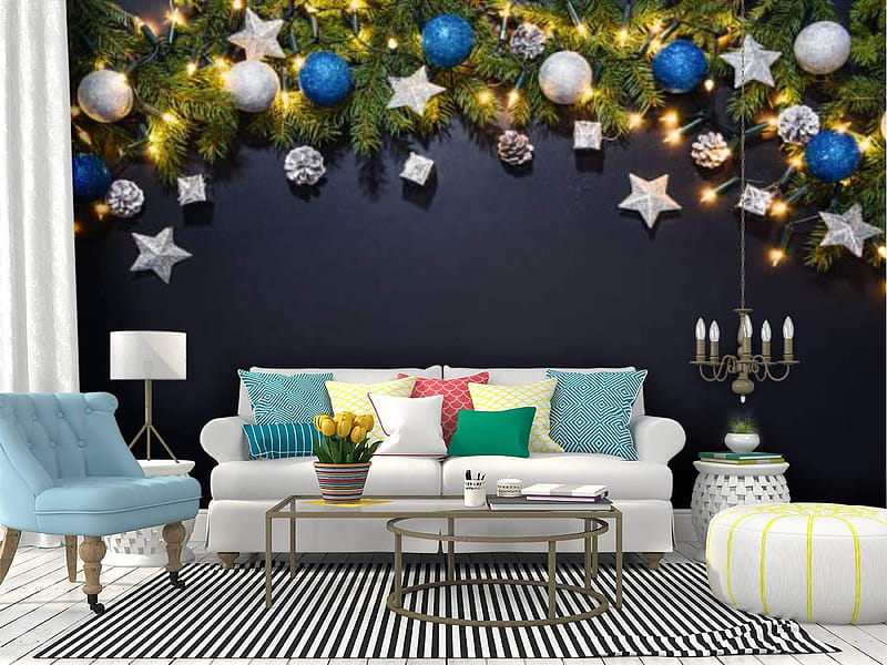 Wall Mural christmas decoration background over black chalkboard blue with Peel and Stick Self Adhesive Large Wall Sticker Removable Vinyl Film Roll Shelf Paper Home Decor : Tools &, Christmas Living Room, HD wallpaper