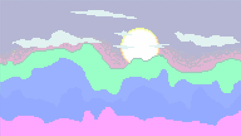 Comfy mountains, pixelart, pastel, sunset, minimalist, pixels, HD wallpaper