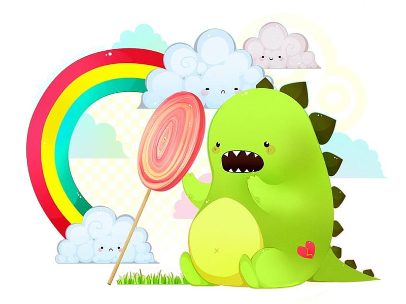 Hi Im Chompy, lollipop, sucker, big, large, colors, rainbow, dinosaur, clouds, HD wallpaper