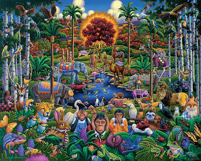 Adam-n- Eve, forest, monkeys, three, puzzle, animals, HD wallpaper