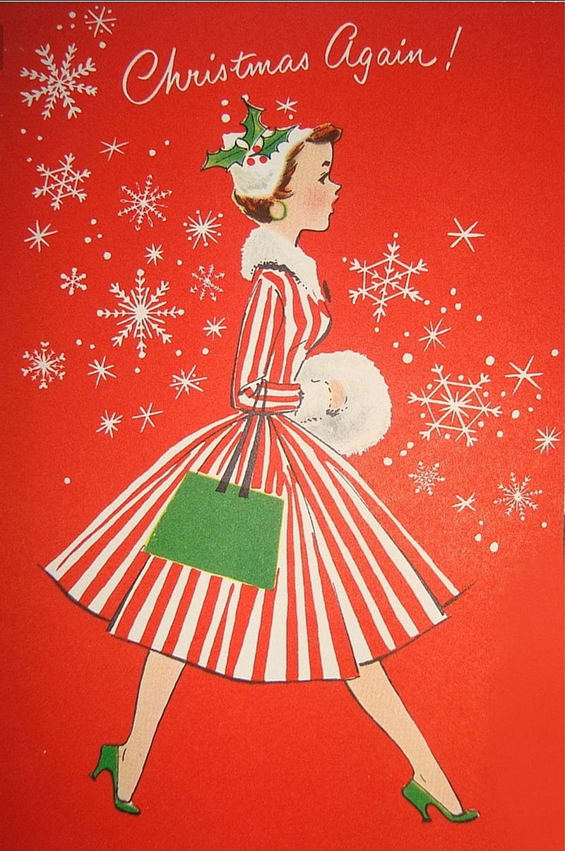 Vintage Christmas, christmas shopping, vintage xmas card, HD phone wallpaper