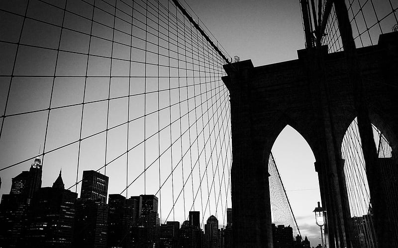 Brooklyn Bridge, black and white, city, bridge, wires, HD wallpaper