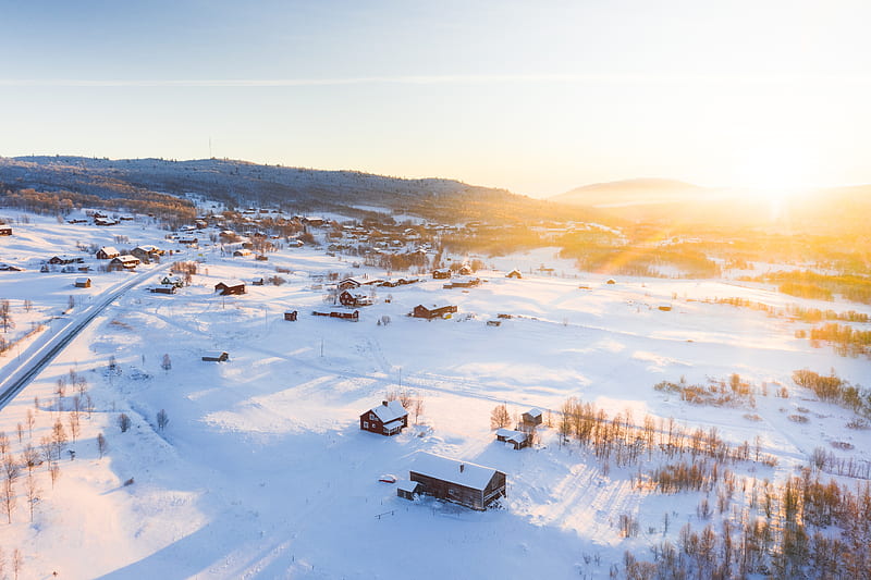 winter, snow, sunshine, village, aerial view, HD wallpaper