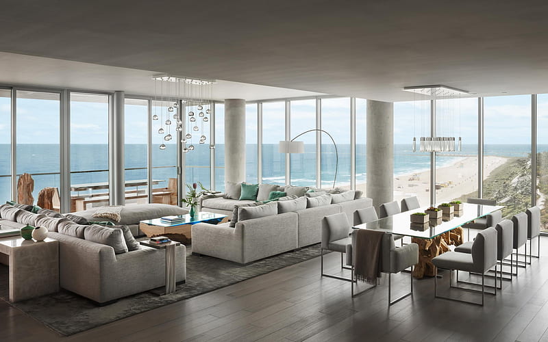 living room, modern design, apartment overlooking the ocean, stylish interior, large rooms, HD wallpaper