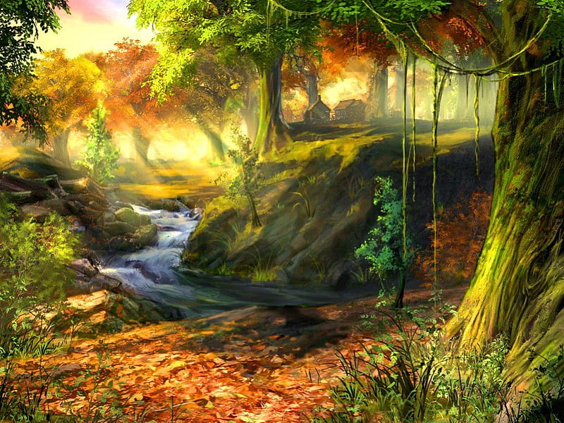 Fantasy forest, colorful, art, autumn, house, lovely, sunlight, bonito, magic, trees, fantasy, nice, nature, enchanted, light, HD wallpaper