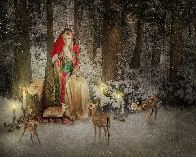 •ღ✿ღ•, fantasy, reinders, christmas, snow, maiden, winter, HD wallpaper