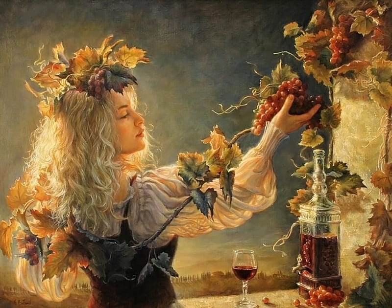 *A bouquet of pleasures*, art, autumn, wine, galore, grapes, leaves, girl, painting, vines, vintage, HD wallpaper