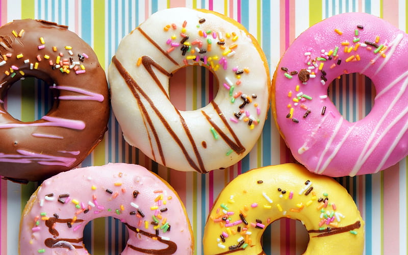 Donuts, food, chocolate, yellow, sweet, dessert, donut, white, pink, blue, HD wallpaper