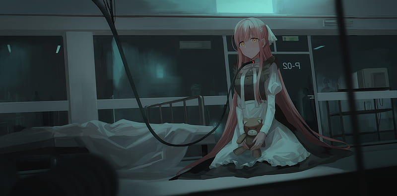 anime girl, apron, sit, pink long hair, hospital, teddy bear, scary, Anime, HD wallpaper