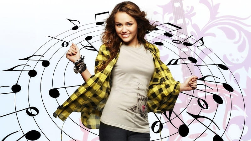 Miley Cyrus With Ash T Shirt And Checked Shirt In Background Of Music Symbols Miley Cyrus, HD wallpaper