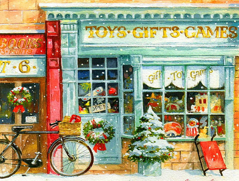 Christmas market, shop, colorful, art, holiday, fun, magic, joy, market, winter, tree, snow, toys, gifts, HD wallpaper