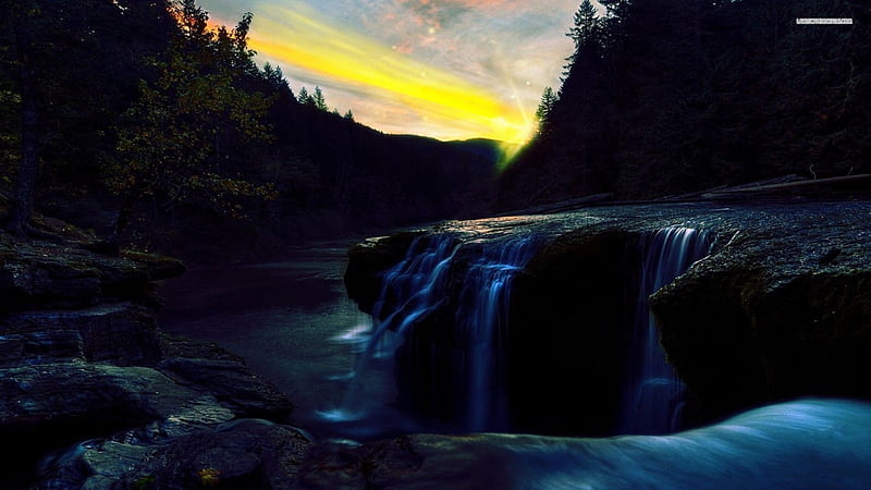 Waterfall in the sunset, waterfall, sunset, evening, dark, HD wallpaper ...