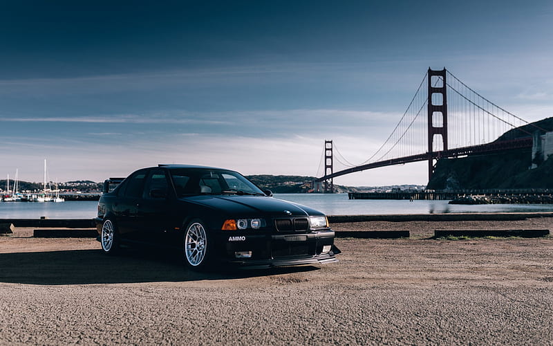 BMW 3, E46, tuning, black sedan, USA, San Francisco, Golden Gate Bridge, German cars, black tuning M3, BMW, HD wallpaper