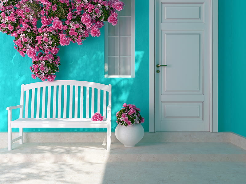 :), flower, summer, white, pink, blue, door, HD wallpaper
