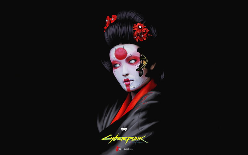Cyberpunk 2077 Geisha, red, fantasy, tobias kropp, black, asian, face, cyberpunk, geisha, HD wallpaper