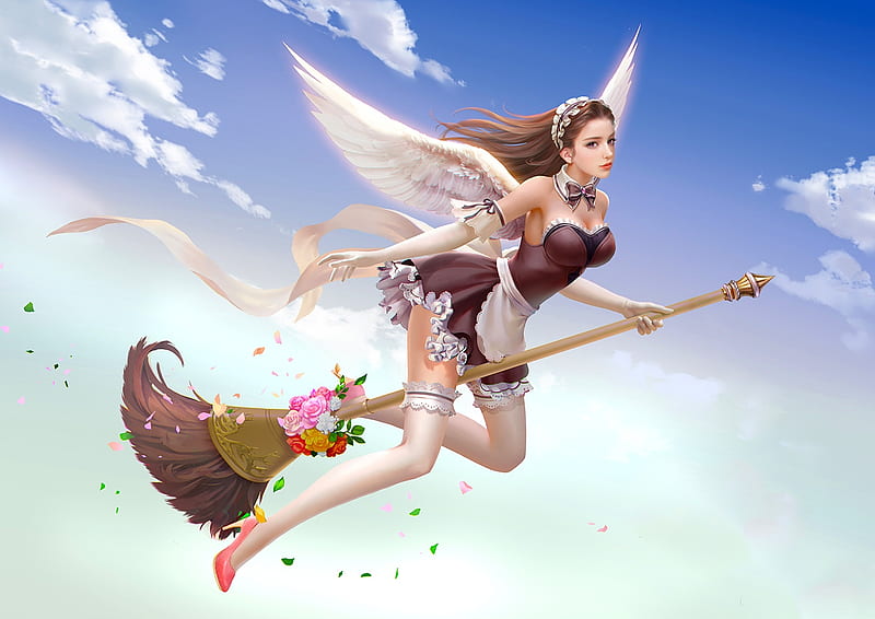 Winged Witch, cg, girl, digital, woman, broom, art, witch, pretty, wings, fantasy, HD wallpaper