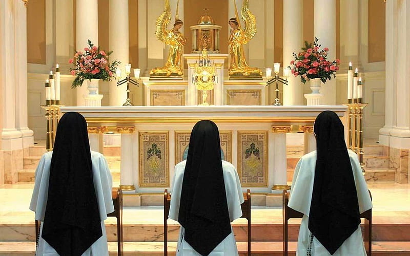 Sisters at Adoration, altar, nuns, sisters, church, monstrance, monastery, adoration, HD wallpaper