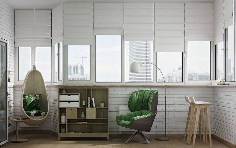 stylish interior, modern design, office, hanging chair, light interior, HD wallpaper