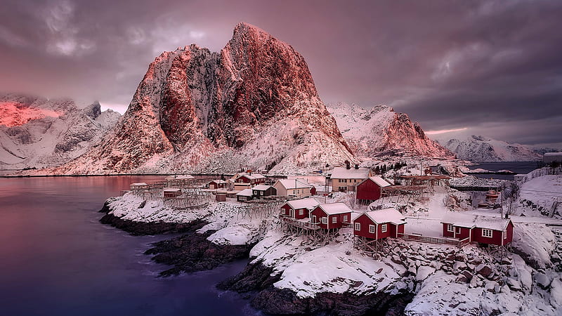 Snowy Reine,Reine, Lofoten, Norway, fishing village, snow, island, red houses, nature, winter, lofoten, norway, HD wallpaper