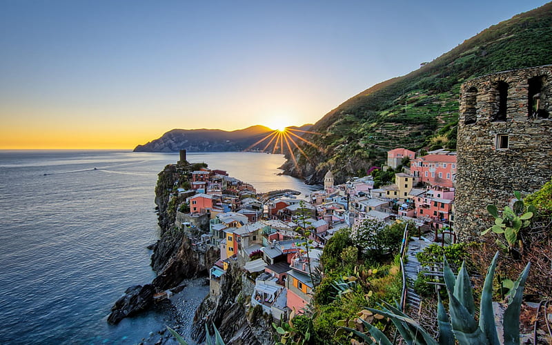 Vernazza, evening, sunset, Mediterranean sea, mountain landscape, seascape, Italy, HD wallpaper