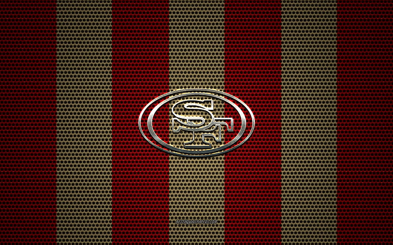 San Francisco 49ers logo, American football club, metal emblem, red-gold metal mesh background, San Francisco 49ers, NFL, San Francisco, California, USA, american football, HD wallpaper