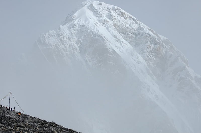 mount everest, mountain, climbers, snow, mist, HD wallpaper
