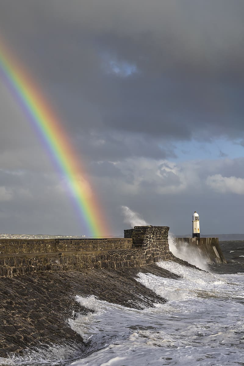 lighthouse, rainbow, sea, waves, HD phone wallpaper