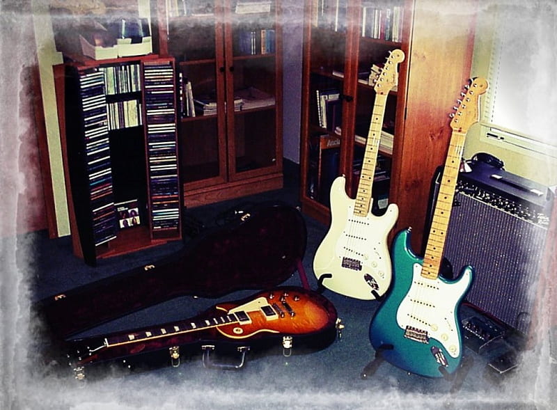 2 strats & a 58 les paul, fender guitar, gibson guitar, guitars, music, HD wallpaper