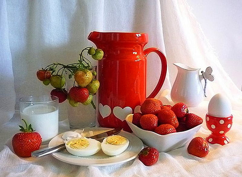 Morning, red, strawberry, glasses, breakfast, good appetite, appetizing, fruit, still life, eggs, milk, colour, white, HD wallpaper