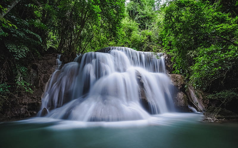 waterfall, forest, Thailand, lake, rain forest, HD wallpaper