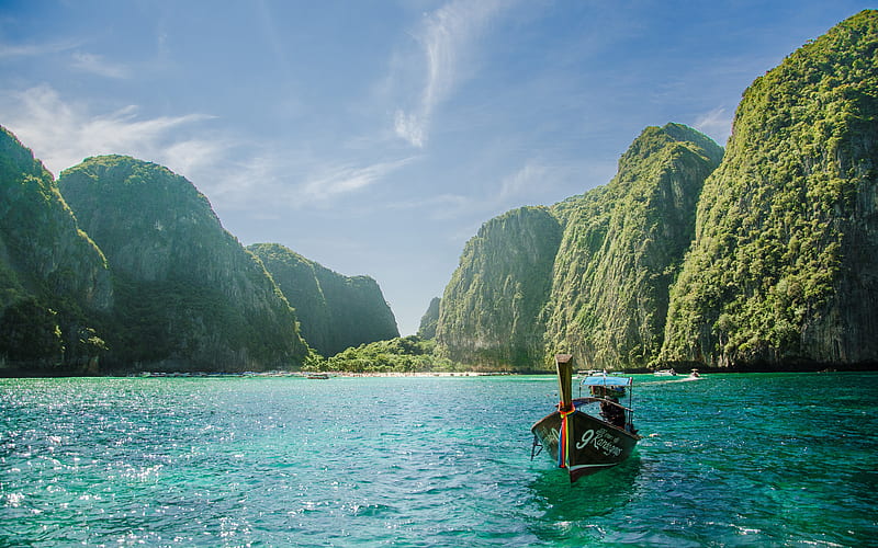 Ko Samui, tropical island, Phuket boats, Thailand, beach, rocks, Gulf of Thailand, ocean, HD wallpaper