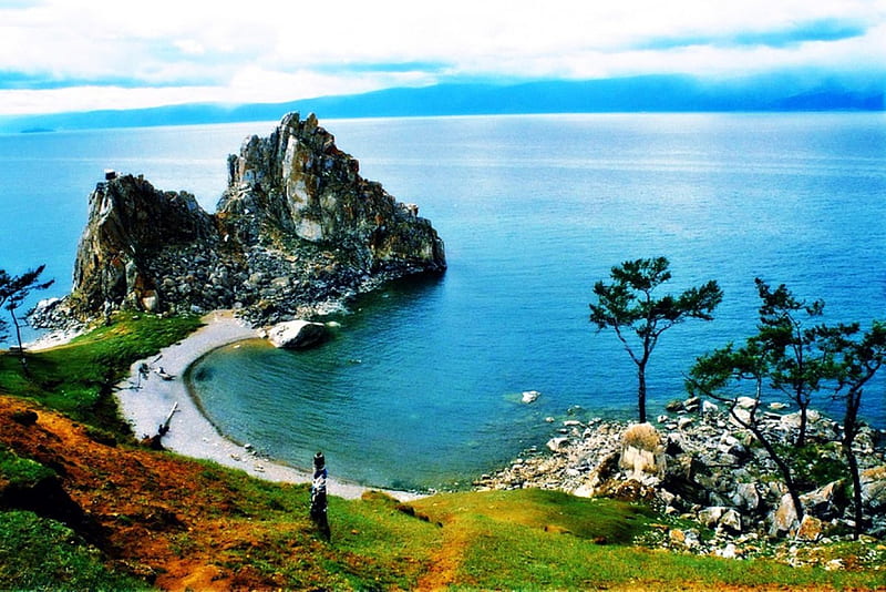 Beautiful Little Bay On Olkhon Island, Siberia, Baikal lake, beach, Russia, grass, trees, HD wallpaper