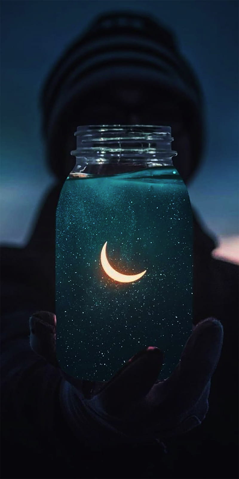 moon in bottle, stars, cool, hand, HD phone wallpaper
