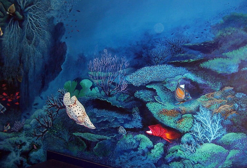 Mural in Manly aquarium, art, mural, fish, aquarium, painting, HD wallpaper