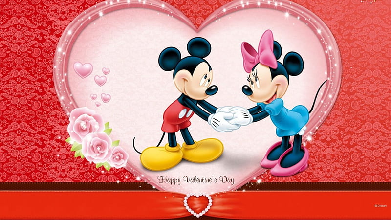 Happy Valentine's Day!, red, valentine, cute, mouse, love, heart, flower, day, minnie, pink, mickey, couple, disney, HD wallpaper