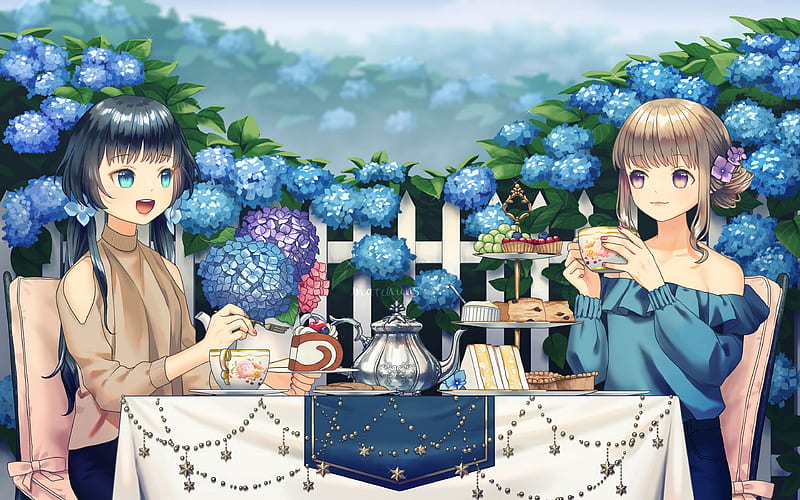 Girl, tea party, cup, garden, anime ultra 16:10 background, HD wallpaper |  Peakpx