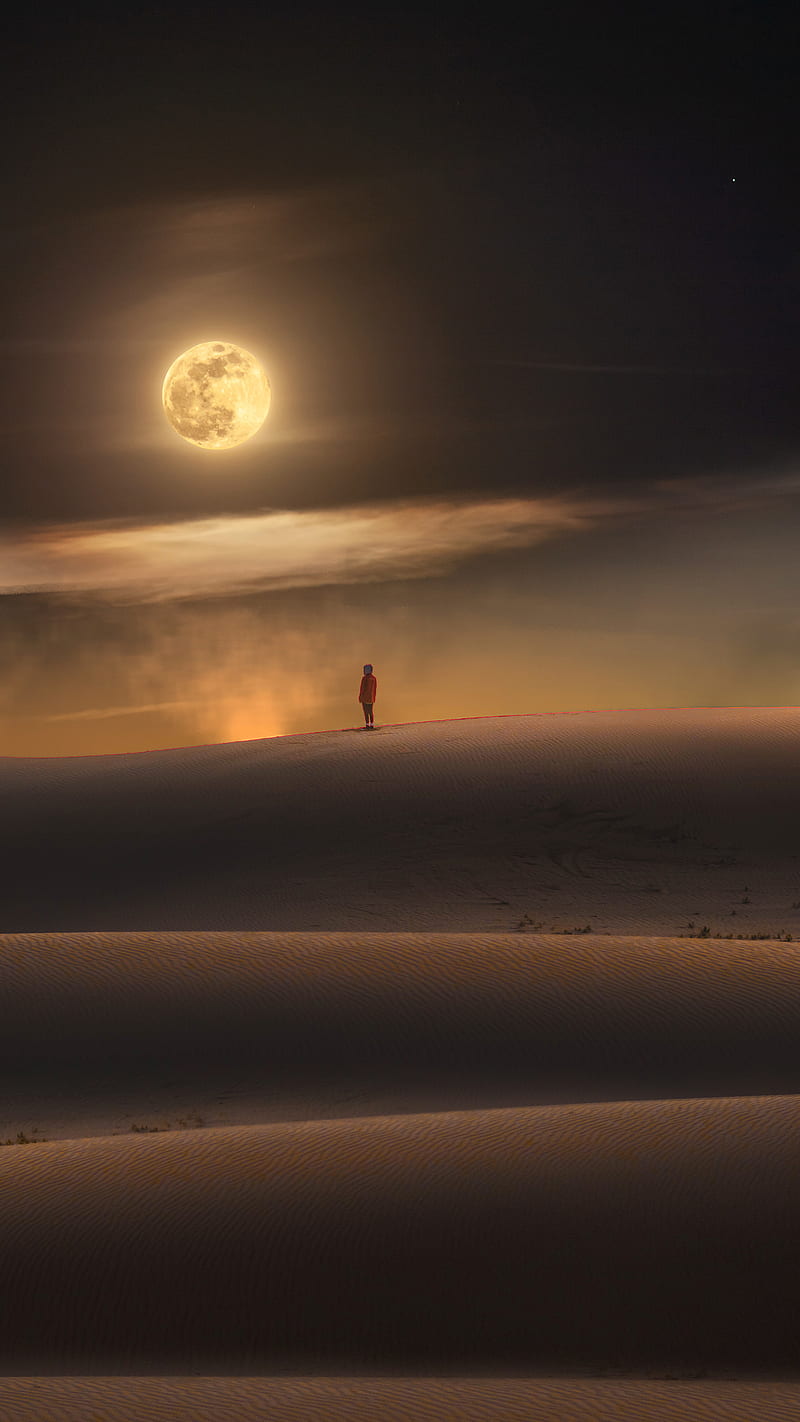 desert, alone, man, moon, night, HD phone wallpaper