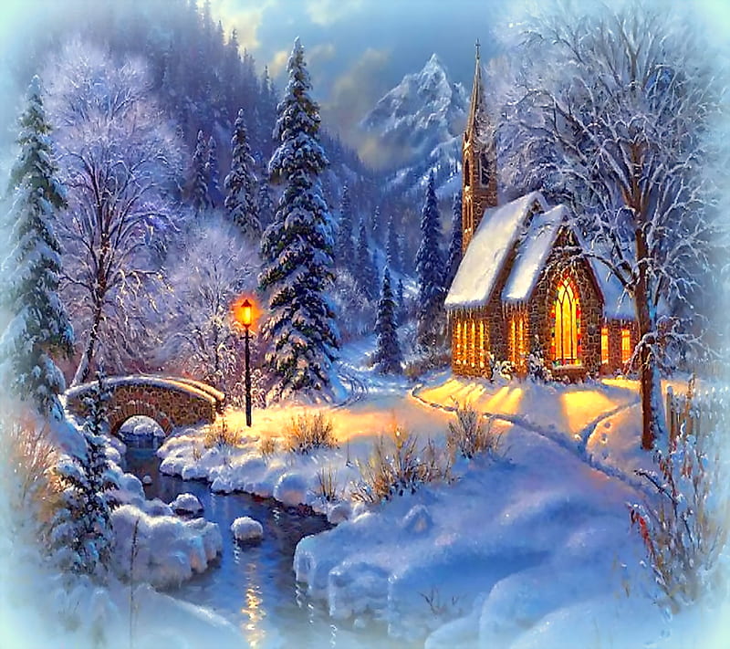 Midnight Clear, christmas, eve, mark keathely, painting, snow, winter, HD wallpaper