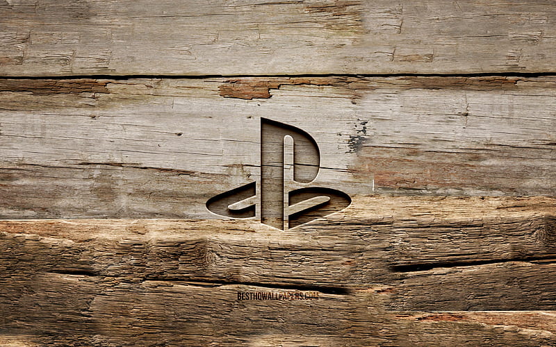 PlayStation wooden logo wooden backgrounds, brands, PlayStation logo, creative, wood carving, PlayStation, HD wallpaper