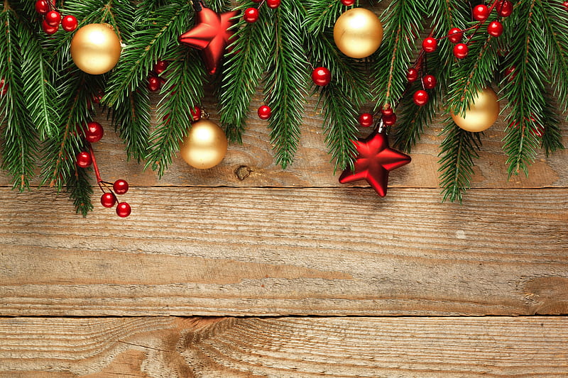 Merry Christmas!, red, stars, deco, craciun, christmas, golden, card, ball, green, wood, HD wallpaper