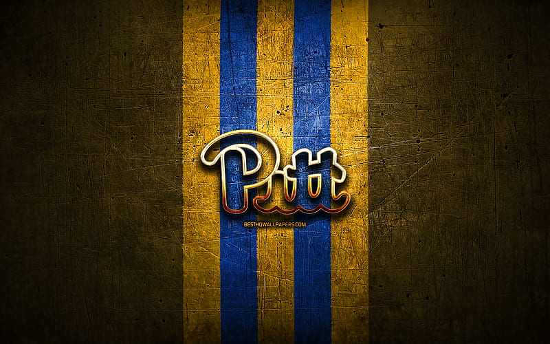 Pittsburgh Panthers, golden logo, NCAA, yellow metal background, american football club, Pittsburgh Panthers logo, american football, USA, HD wallpaper