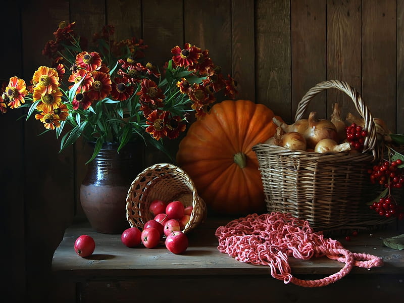 Still life, Pumpkin, Flowers, Onion, Applrs, Basket, Berries, HD wallpaper