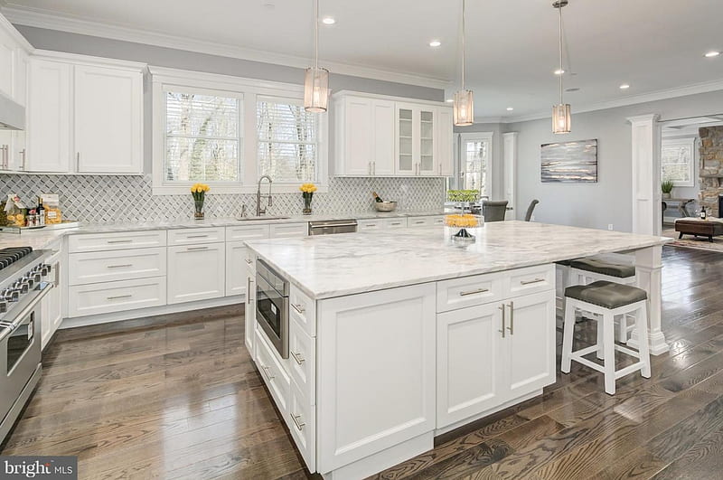 $1.9 million kitchen, silver, white, gas heat, cabinents, two point nine million, pendant lights, microwave, recessed lighting, stone, yellow flowers, reflections, expansive, luxurious, HD wallpaper