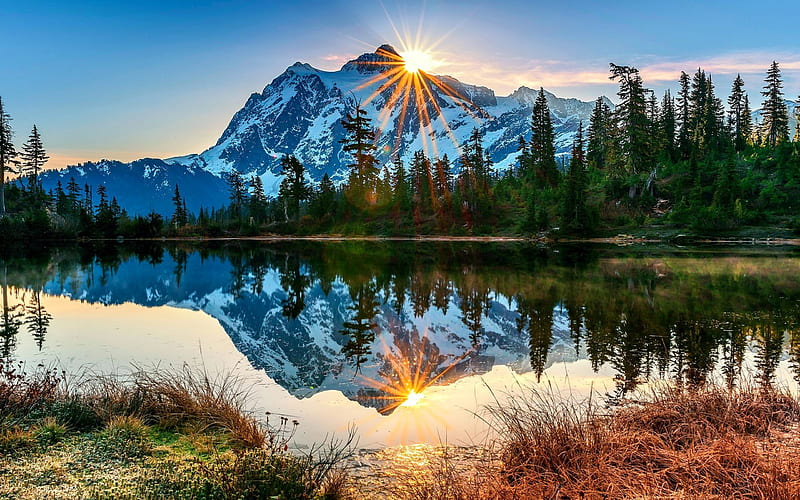 America, Mount Baker, volcano, river, sunset, Washington, USA, HD wallpaper