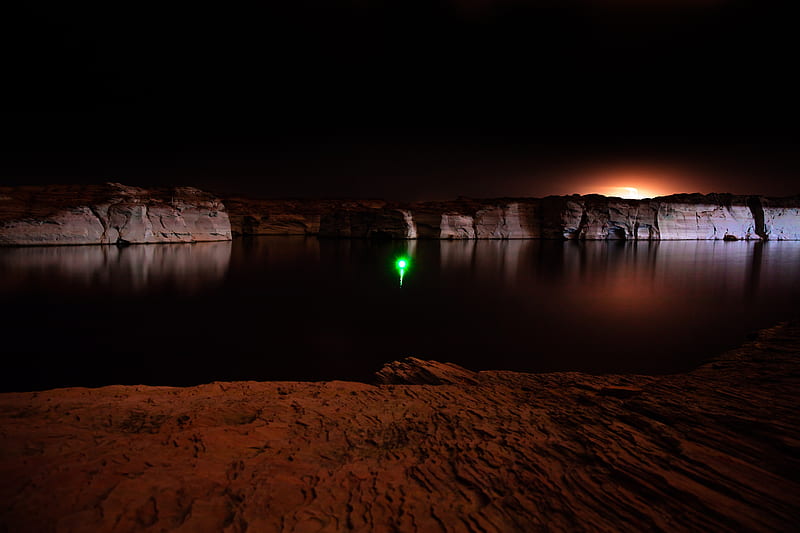 canyon, lake, light, reflection, night, HD wallpaper