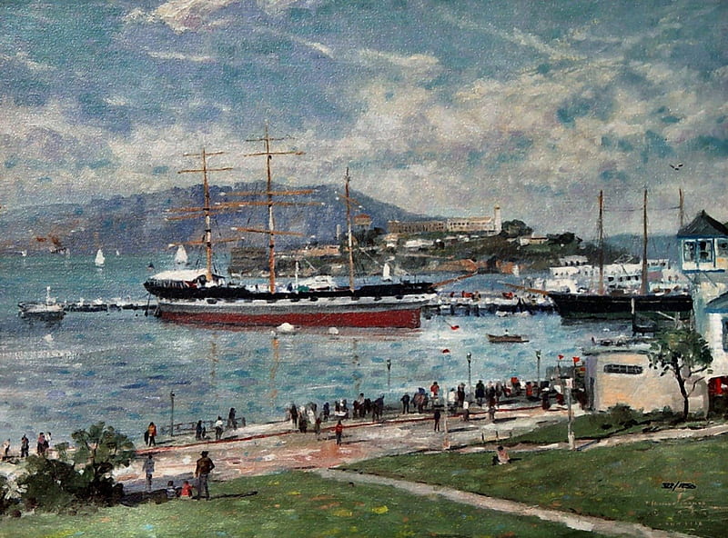 Alcatraz 1, art, Thomas Kinkade, artwork, Kinkade, painting, wide screen, Alcatraz, island, San Francisco, scenery, bay, HD wallpaper