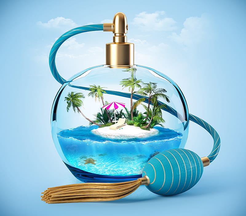 Spring Island, Palm trees, beach, Bottle, Umbrella, Island, HD wallpaper