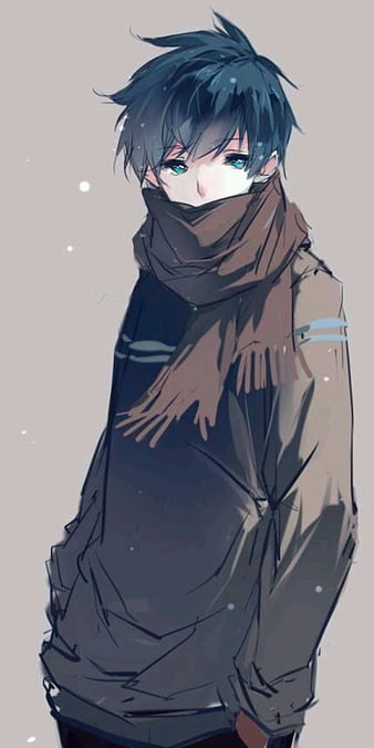 Anime style, 1boy, blue hood, brown hair, red eyes, blue scarf on Craiyon
