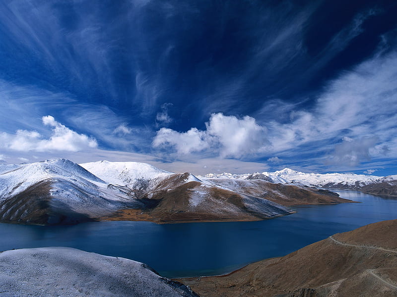 Chinese Mountains, of the world, mountains, china, peaks, sky, lake, HD wallpaper