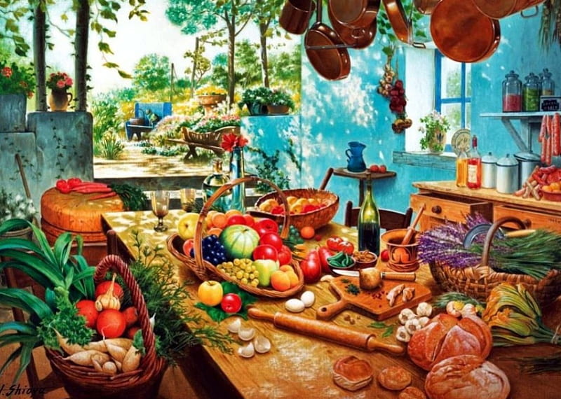 Mother's Kitchen, window, kitchenware, fruits, bread, painting, gardenbench, vegetables, artwork, HD wallpaper